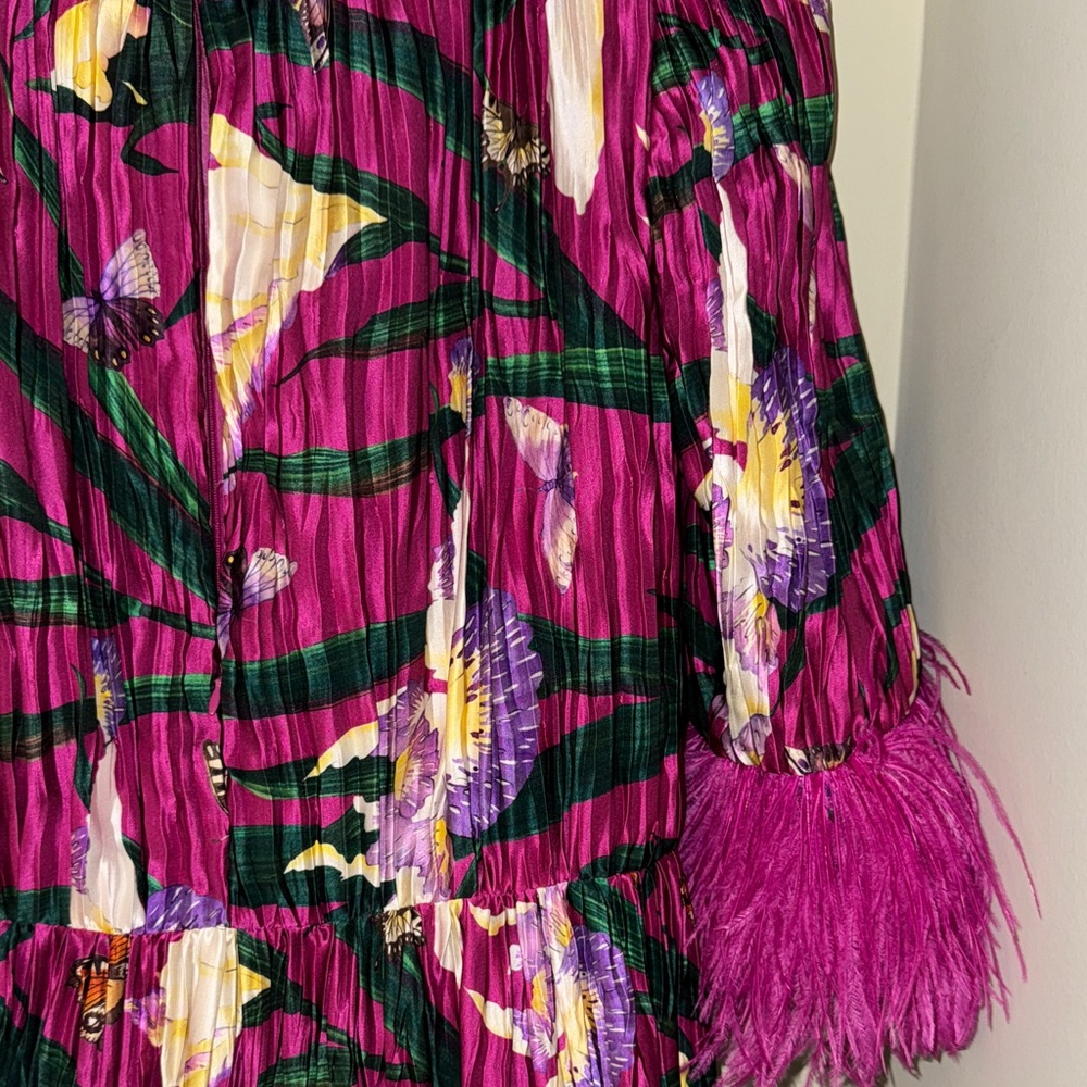 Andrew GN Gown Flowers & Butterflies 🦋 Floral Maxi Dress Feather Sleeves L 46 - Picture 5 of 8